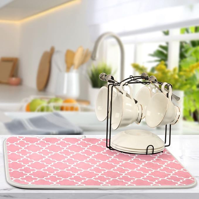 Super Absorbent Dish Drying Mat, Microfiber Fast-Drying Dish Mat, 24" x 18", Kitchen Dish Drying Pad, Pink Moroccan