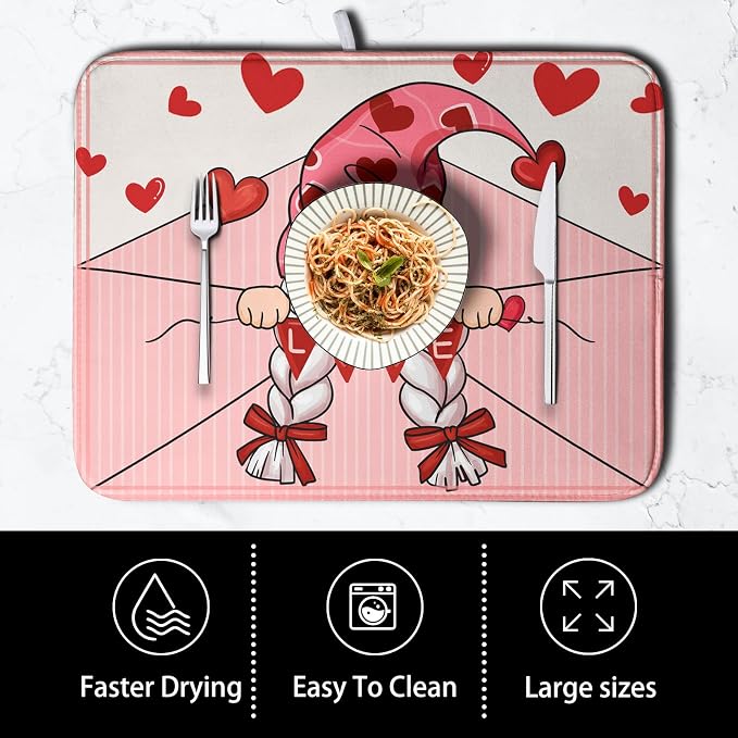 Valentine's Day Love Letter Dish Drying Mat for Kitchen Counter, Love Letter Gnome Absorbent Dish Pad Large Dish Drainer Mats for Countertop 16x18 Inch