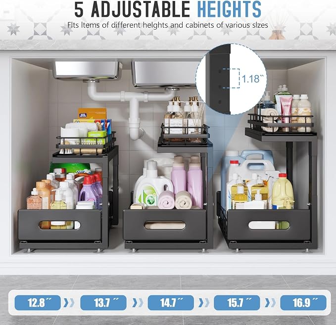 Under Sink Organizer Upgrade To Professional Rails,2-Tier Dual Pull Out Cabinet Storage,Height Adjustable Slide Out Drawers For Bathroom Kitchen,2 Pack-16.7"Dx12.8"-16.9"H,Black