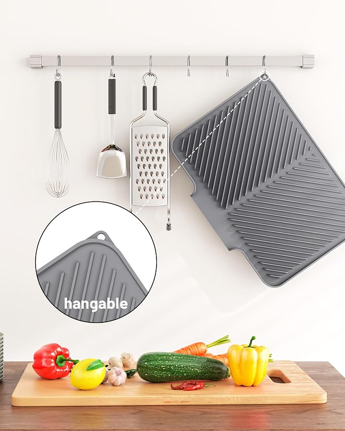 Dish Drying Mat Kitchen Counter - Silicone Dish Drying Pad with Built-in Drain for Sink, Refrigerator and Drawer Liner, Easy Clean, Non-Slip, Heat Resistant, 14.8" x 10.7"