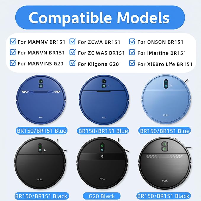 Replacement Parts for MAMNV BR151, for ZCWA BR151, for MANVINS G20, for Kilgone G20, for ONSON BR151, for MANVN BR151, for ZC WAS BR151, for iMartine BR151 Robot Vacuum,6 Side Brush,4 Mop Pad,4 Filter