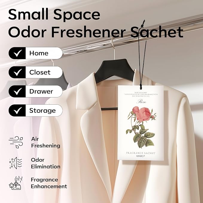 MYARO 12 Pack Rose Scented Sachets, Closet Deodorizer Car Air Freshener | Long-Lasting Sachet Bag, Odor Eliminator for Closet, Drawer, Bathroom, Clothes, Fabric Refresher, Home Fragrance Gift Set