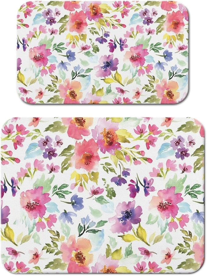 Dish Drying Mat 2-Pack in Watercolor Floral for Kitchen Counter Dishes Mat | Diatom Mud Mats (18x24, 19.5x12"). Non-slip rubber back for kitchen counter, coffee bar & sink scenes