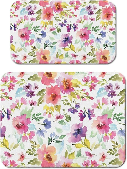 Dish Drying Mat 2-Pack in Watercolor Floral for Kitchen Counter Dishes Mat | Diatom Mud Mats (18x24, 19.5x12"). Non-slip rubber back for kitchen counter, coffee bar & sink scenes