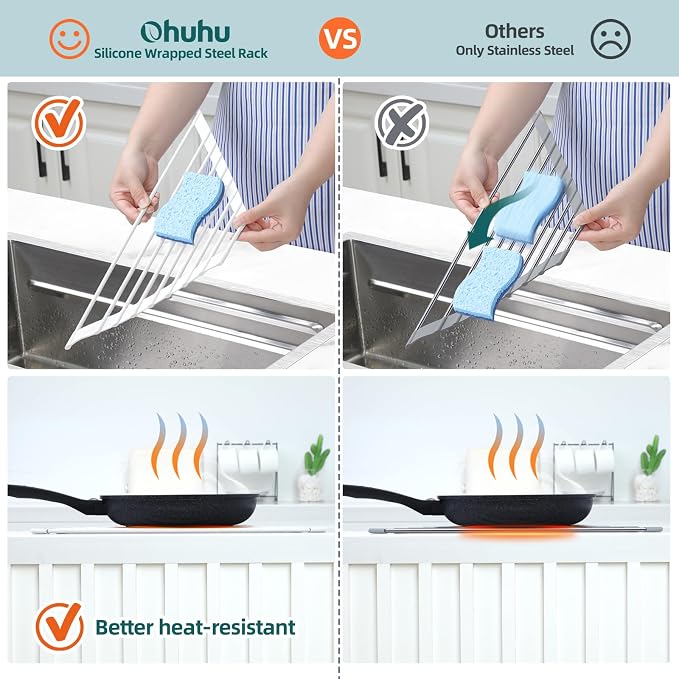 Ohuhu Corner Sink Strainer, Sponge Holder for Kitchen Sink Organizer - Silicone Wrapped Steel Anti Slip Rust Triangle Over the Sink Roll-UP Dish Drying Rack Caddy Kitchen Sink Accessories