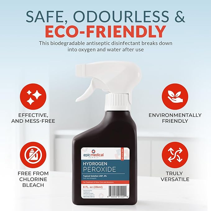 Epic Medical Supply Hydrogen Peroxide Spray 3% USP - First Aid Antiseptic for Cuts & Scrapes - Multi-Purpose Cleaner - 8oz / 236ml Trigger Spray Bottle (1)