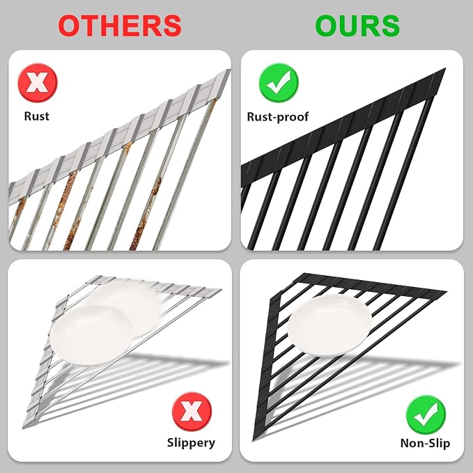 HANZENMA Triangular Sink Rack, Multi-Functional Rack Above the countertop, Foldable Sink Drying mat, Heat-Resistant, Non-Slip, and Rust-Proof Dish Rack (Black)