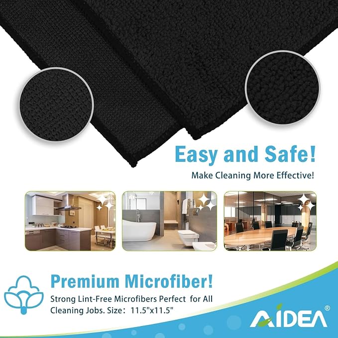 AIDEA Microfiber Cleaning Cloth Black 20PK, Microfiber Towels for Cars, Premium Car Cloths, Dusting Cloth Lint Free Cleaning Rags for SUVs, House, Kitchen, Window, Workshops,11.5"×11.5"