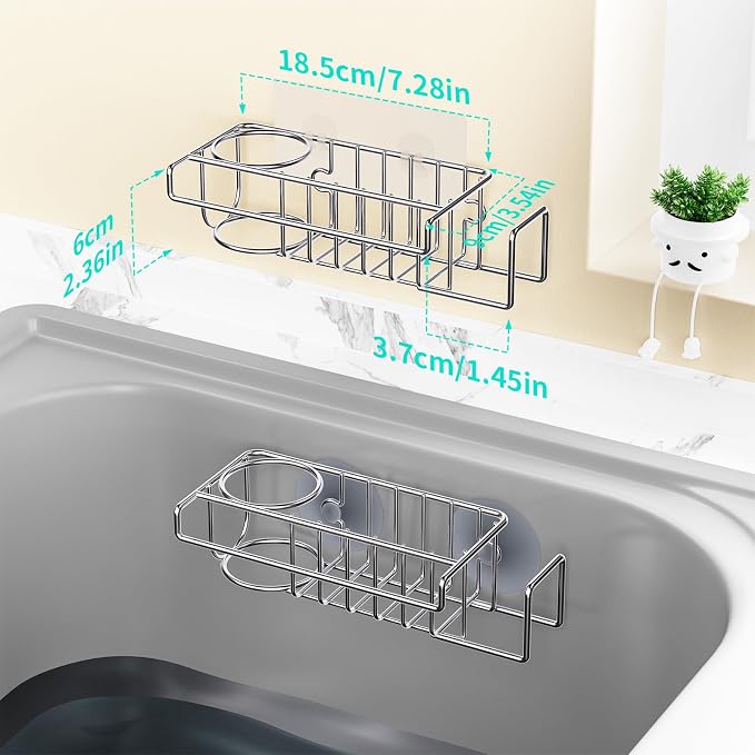 HapiRm Sink Caddy Sponge Holder - No Drill Sponge Caddy for Kitchen, Rustproof and Waterproof Kitchen Sink Organizer - Silver（2-Pack）