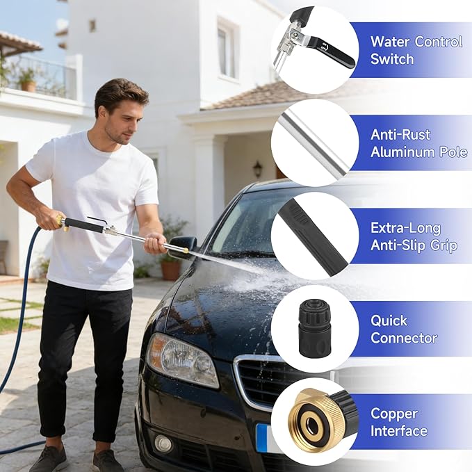 High Pressure Power Washer Wand, Hydro Jet Nozzle for Garden Hose, Watering Sprayer Cleaning Tool, Wand Lance for Gutter Patio Car Pet Window Glass, Black