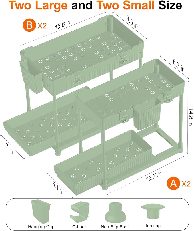 Sevenblue 4-Pack 2-Tier Under Sink Organizer with Pull Out Drawers | Multi-use kitchen & bathroom storage. Includes hanging hooks and cups. Green, space-saving cabinet design. 14.8 Inch