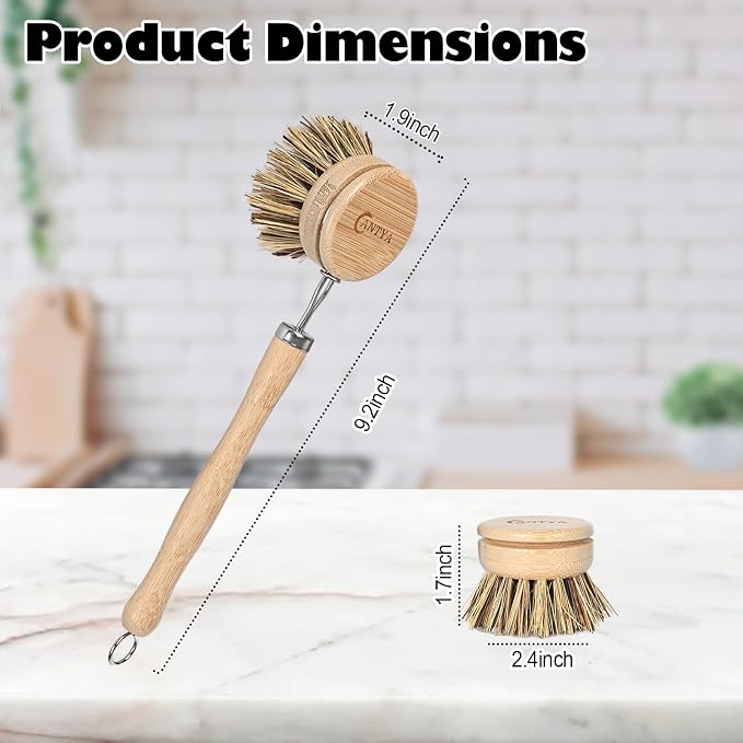 Bamboo Dish Scrubber with Handle - Hard Bristle Natural Bristle Brush Sustainable & Biodegradable Kitchen Scrub Brush for Dishes Pans and Pots