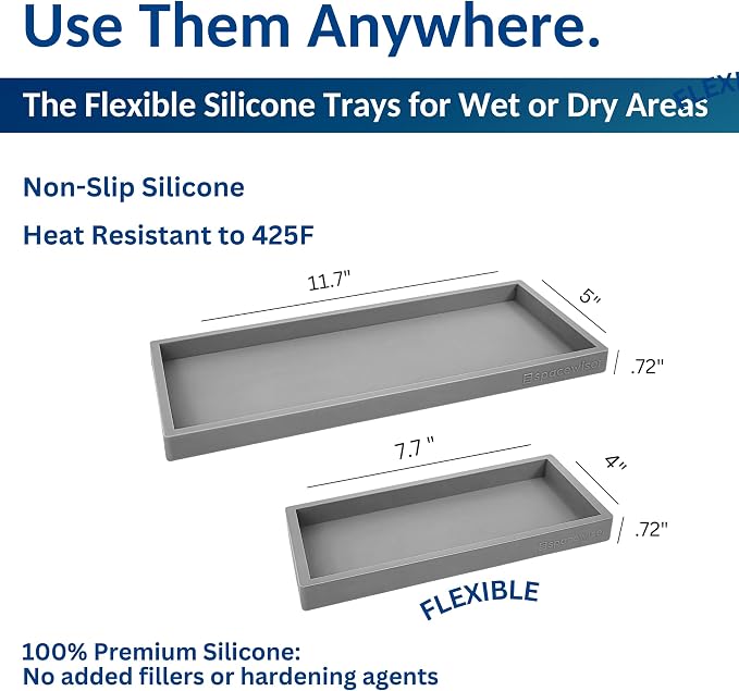 Spacewiser Countertop and Vanity Tray - 2 PC (11” and 7”) Shatterproof Silicone Kitchen and Bathroom Trays for Counter, Kitchen Soap Dispenser Tray, Vanity Trays for Bathroom, Perfume Key Tray