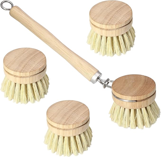 Wooden Dish Brush Set, 4 Natural Bristle Replacement Heads with 1 Sturdy Wooden Handle, Sisal Kitchen Scrub Brush for Pots, Pans, Vegetables and Cookware