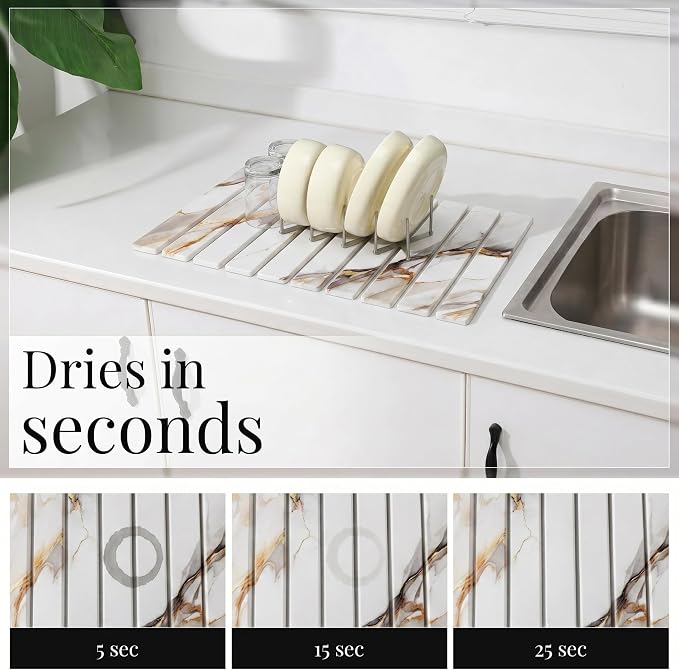 Diatomaceous Stone Dish Drying Mat with Collapsible Steel Rack - Quick Dry Kitchen Counter Set, Space Saving Foldable Dryer (White Marble, 23.6" x 15.3")