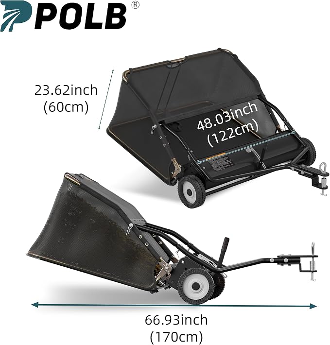 48" Lawn Sweeper Tow Behind, Pull Behind Lawn Sweeper with 25.16 cu. ft Large Hopper, Heavy Duty Leaf & Grass Collector, Adjustable Brush Height Lever and Dumping Rope, Lawn and Yard Cleanup Tool