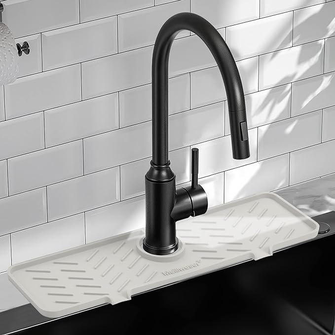 Silicone Faucet Mat for Kitchen Sink – Gen 2 Splash Guard with Upgraded Outlet & Slope – 18” x 5.1” Water Catcher & Sink Sponge Holder for Kitchen and Bathroom (Beige)