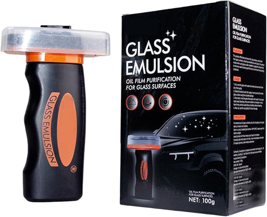 Glass Emulsion Cleaner, Windshield Cleaner, Car Windshield Cleaner Tool Roll-On Glass Compound with Cleaning Board, Removes Oil Film & Smudges, Improve Windshield Clarity for Safe Driving(100ml+Brush)