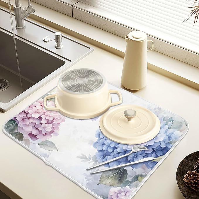 Blue Pink Hydrangea Spring Floral Dish Drying Mat for Kitchen Counter Absorbent Microfiber Small Drying Pad Dish Mats for Kitchen Countertops 16 x 18 Inch