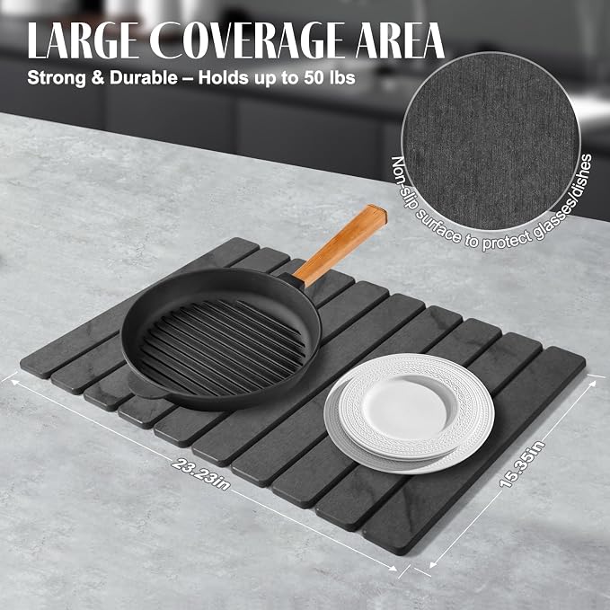 2 PCS Large Stone Dish Drying Mat for Kitchen Counter, 24"×16" Marble-Pattern Dish Drying Mat with 8"x 4" Coasters, Non - Slip Collapsible Absorbent Mat for Multi - Purpose, Match Any Countertop【Gray】