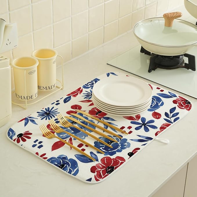 Red Blue Floral Dish Drying Mat 18x24 Inch Vintage 4th of July Drying Mat for Kitchen Counter Absorbent Patriotic Independence Day Memorial Day Flowers Dishes Dry Pad for Drainer Rack Kitchen Fast Dry