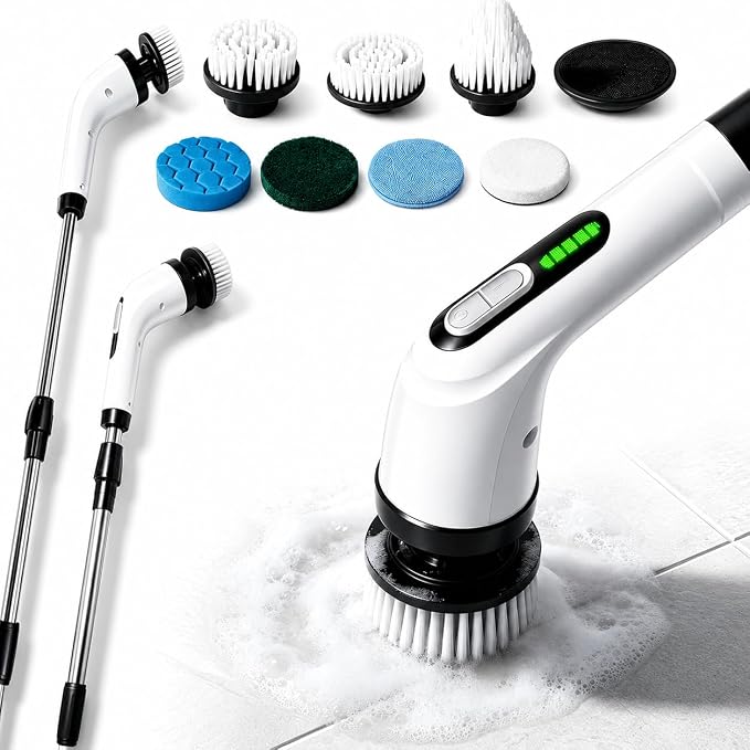 Highyes Electric Spin Scrubber for Bathroom | IPX7 Waterproof Shower Scrubber with Extendable Long Handle，Bathroom Cleaning Scrubber with 7 Reusable Brush Heads