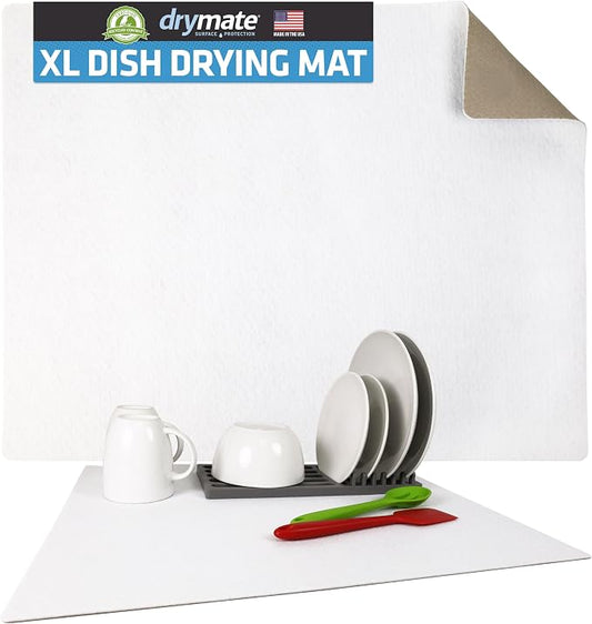 Drymate Jumbo XL Dish Drying Mat (19”x24”), Low-Profile, Super Absorbent, Quick Dry Fabric, Waterproof & Slip-Resistant, for Kitchen Counter, Trimmable, Easy to Clean (USA Made)(White)