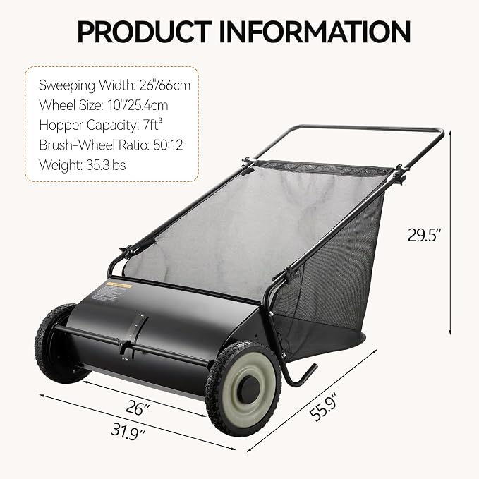 26 Inch Push Lawn Sweeper, Hand Powered Leaf & Grass Sweeper with 7 Cu Ft Hopper, 4 High-Speed Brushes, Height Adjustable, ABS & Steel Frame for Yard Lawn Cleanup (Black 2, 26 Inch)