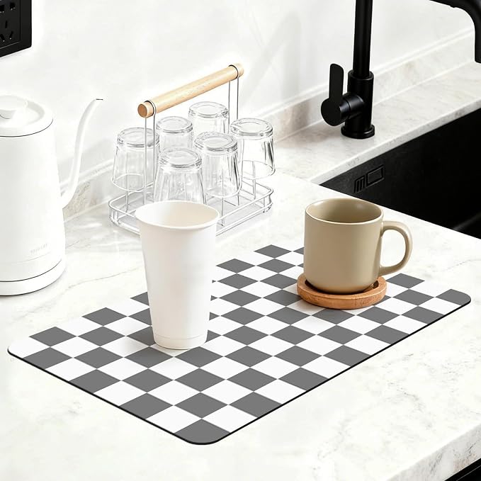 Checkered Dish Mat for Kitchen Coffee Station, 16" x 24" Grey | Quick Drying & Absorbent Mat for Coffee Bar Espresso Machine Countertops Accessories