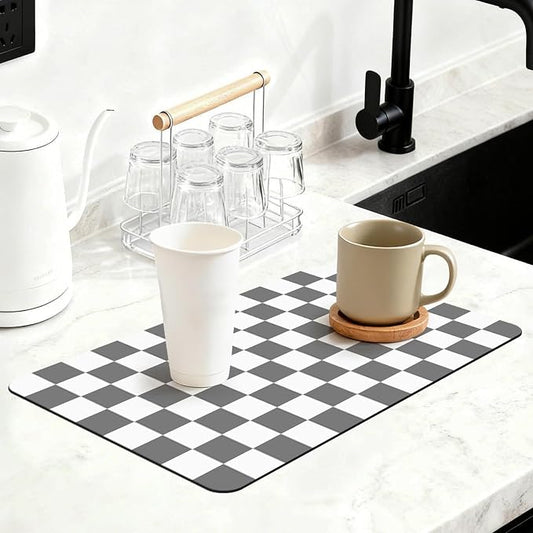12" x 20" Checkered Dish Drying Mat for Kitchen Counter, Absorbent Coffee Bar Mat for Espresso Machine Coffee Countertops Accessories, Grey