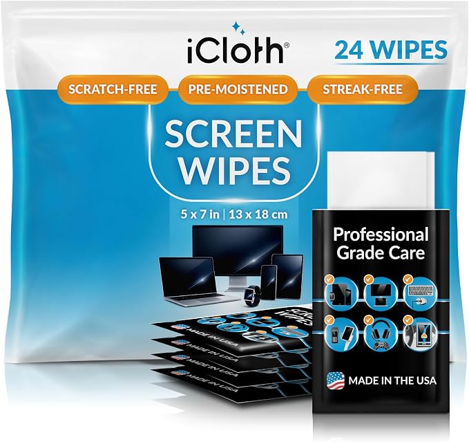 iCloth Screen Cleaner Wipes Individually Wrapped Travel Size Streak-Free (24 Large Wipes)