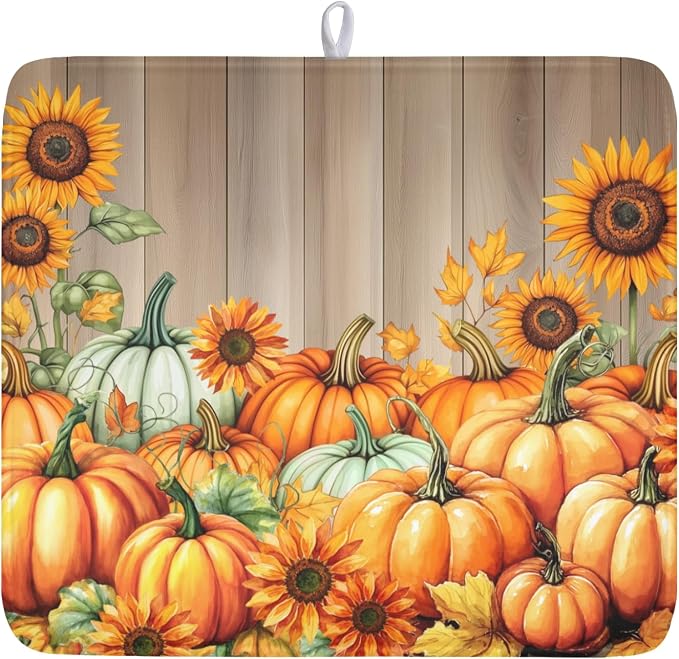 Fall Orang Pumpkin Dish Drying Mat for Kitchen Counter 16 x 18 Inch Autumn Sunflower Dish Drainer Mat Absorbent Microfiber Thanksgiving Wooden Dish Rack Pad for Coffee Dining Bar Decor