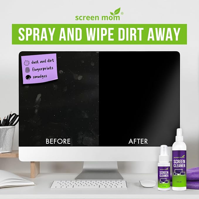 Screen Mom Screen Cleaner Spray 8oz & 2oz for TV, Car, Laptop and Computer | Streak-Free Formula, Alcohol & Ammonia Free, 4 Microfiber Cloths, Cleans TVs Phones Tablets Glass OLED, Residue-Free Cleaning
