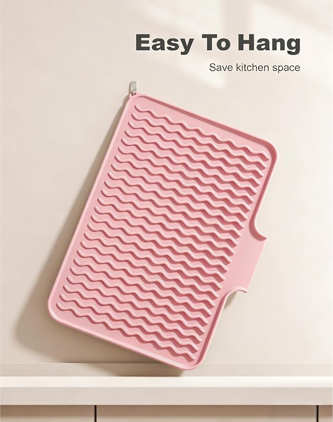 Rnivvi Silicone Dish Drying Mat for Kitchen Counter, 16 x 12" Drainer Pad with Drainage Spout, Easy Clean Dish Rack Mat for Dishes, Non-Slip Countertop Protector Heat Resistant Trivet, Utensils, Pink
