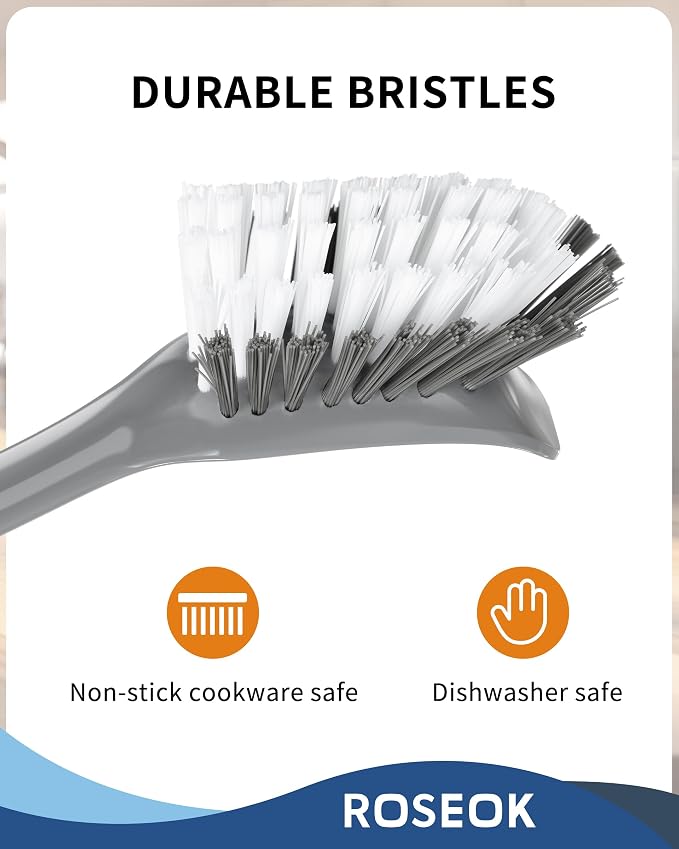 ROSEOK Dish Brush, Dish Scrubber, Nylon Bristles with Built-in Scraper | For Cleaning Dishes, Pots, Non-Stick Pans and Sinks, Black, 2 Pack