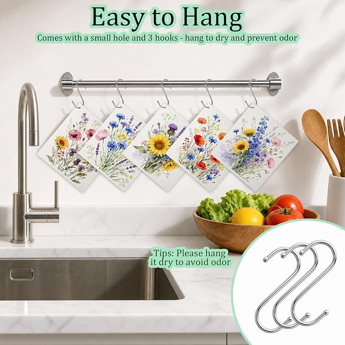 Swedish Dishcloths for Kitchen 5 Pack Spring Wildflower Reusable Paper Towels with 3 Hooks Absorbent Washable Dish Cloth Set Cleaning Cloth for Housewarming