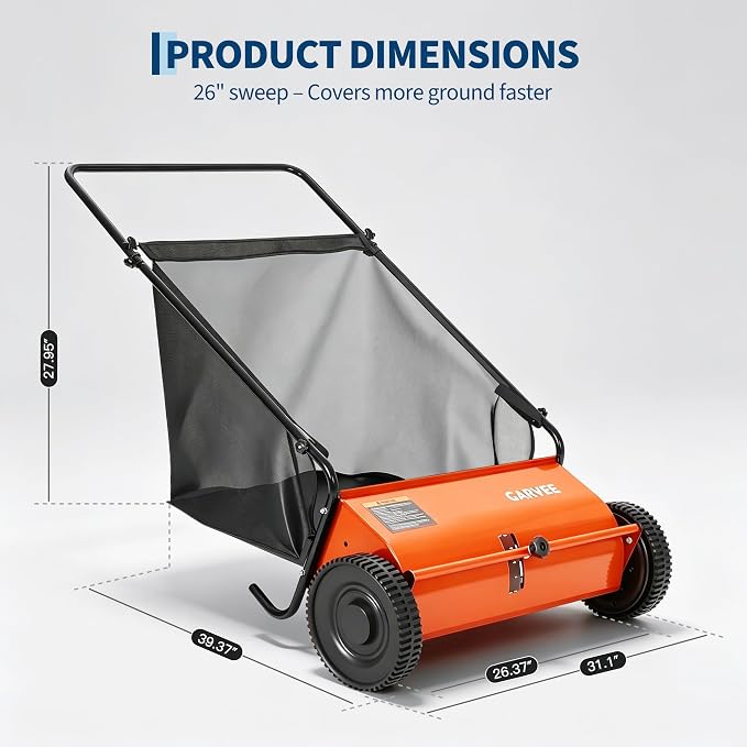 Garvee Push Lawn Sweeper, 26" Leaf & Grass Collector with 7Cu.ft Hopper Bag | Heavy Duty Yard Sweeper with Clear Dust Cover & Large Collection Bag for Leaves, Grass Clippings, for Lawn Yard Cleanup