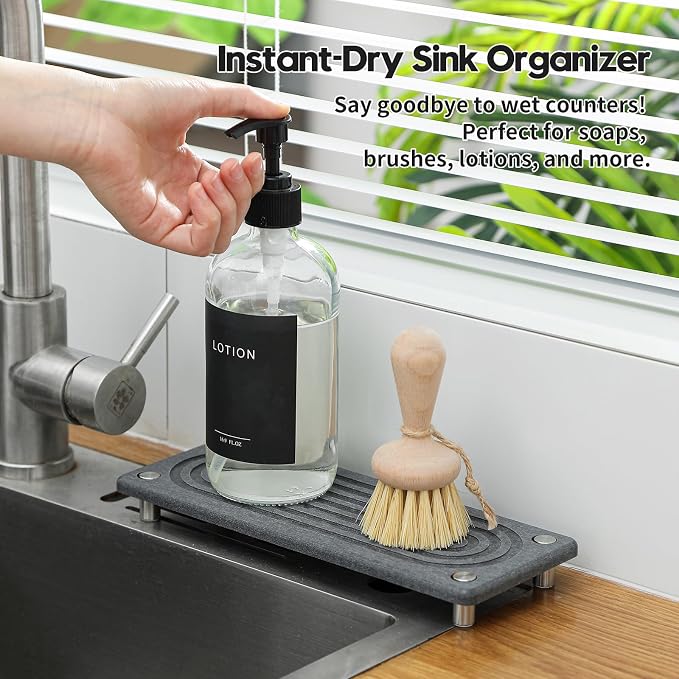 Razborci Water Absorbing Stone Sink Caddy Kitchen Sink Organizer Tray, Diatomite Bathroom Counter Tray, Faucet Drying Mat Coaster Soap Dish Rack Riser Dispenser Sponge Holder, Charcoal 10" x 4"