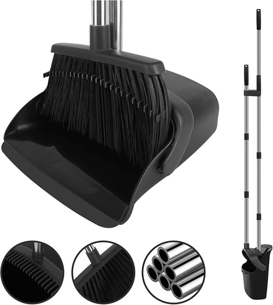 Black Broom and Dustpan Combo Set, 55" Long Handle Broom | Large Area Outdoor Cleaning, Extended Reach Design, Built-in Comb Dustpan, Foldable Storage for Garage, Patio & Home