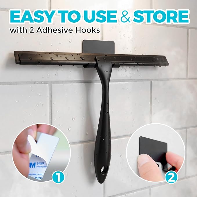 ALFLOD 2pcs Shower Squeegee for Glass Doors with Adhesive Hanging Hook Set | 10” black, bathroom accessories, window cleaner, new home essentials, soft rubber blade, metal handle, ergonomic grip