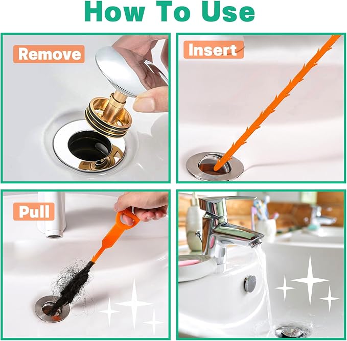 Drain Snake Hair Drain Clog Remover - 4 Pack Shower Snake Sink Unclogger Tool with Exquisite Packaging (Orange)