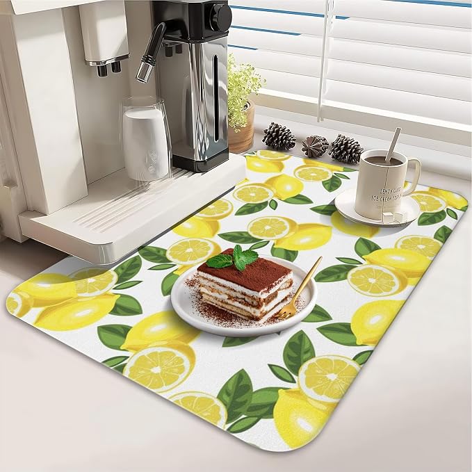 Dish Drying Mat 2-Pack in Yellow Lemon for Kitchen Counter Dishes Mat | Diatom Mud Mats (18x24, 19.5x12"). Non-slip rubber back for kitchen counter, coffee bar & sink scenes