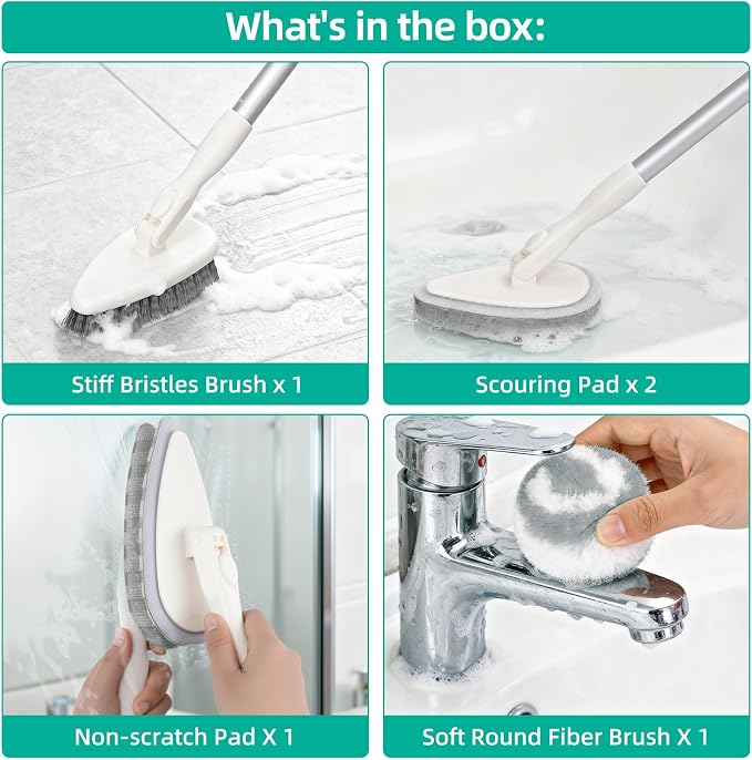 Qaestfy 4-in-1 Tub and Tile Shower Scrubber, 51'' Bathtub Cleaning Brush with Long Handle, Soft & Stiff Bristles Bathroom Scrub Brush, Non-Scratch Shower Cleaner Brush for Cleaning