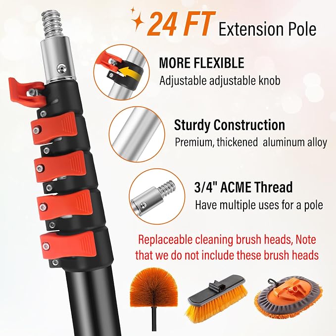 30FT High Window Cleaning Kit with Pole,Professional Window Clean Pole Kit | 2 in 1 Window Squeegee for Window Clean,5-24FT Window Wash Kit Include Replacement,180°Rotatable Squeegee for Indoor/Outdoor