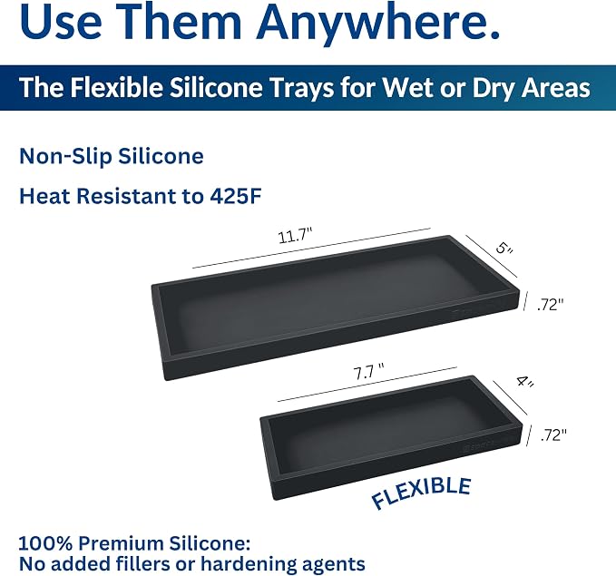 Spacewiser Countertop and Vanity Tray - 2 PC (11” and 7”) Shatterproof Silicone Kitchen and Bathroom Trays for Counter, Kitchen Soap Dispenser Tray, Vanity Trays for Bathroom, Perfume Key Tray