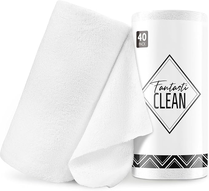 Fantasticlean Microfiber Cleaning Cloth Roll- 40 Sheets, 12" x 12" (White) | Super Absorbent, Lint-free, Tear-away Microfiber Towel Roll, for All-Purpose Cleaning, Reusable Alternative to Paper Towels