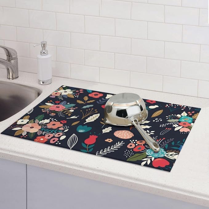 Colorful Flowers Black Dish Drying Mat For Kitchen Counter, Super Absorbent Microfiber Dish Drying Pad, Kitchen Gadgets For Easy Clean Multi-Use Large 18"x24"