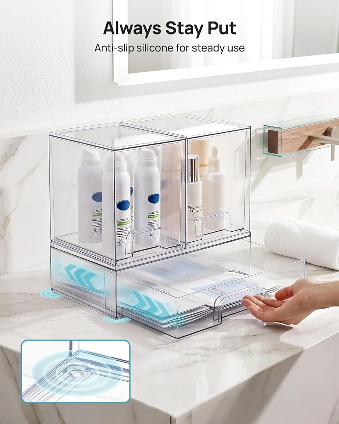 Vtopmart Stackable Storage Drawers Set of 3, Clear Plastic Organizer Bins for Bathroom Supplies, Ideal for Cabinet,Shelf, Pantry, Laundry Room Organization