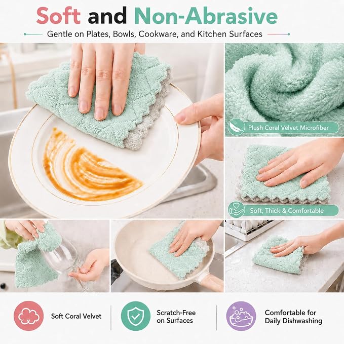 kimteny 12 Pack Dish Cloths for Washing Dishes, Super Absorbent Microfiber Kitchen Dish Rags, Fast Drying Coral Velvet Dish Cloths for Kitchen Counter and Dishes (Green-Grey)