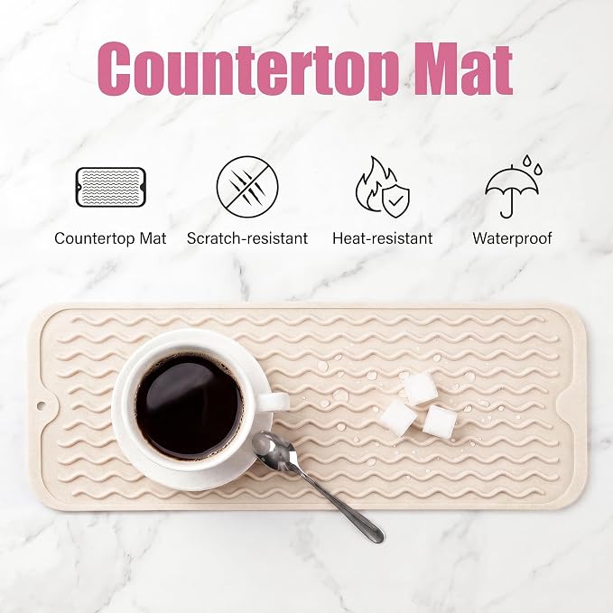 MicoYang Silicone Dish Drying Mat for Multiple Usage,Easy clean,Eco-friendly,Heat-resistant Silicone Mat for Kitchen Counter,Sink,Bar,Bottle,or Cup Tapioca M 17 inches x 6 inches